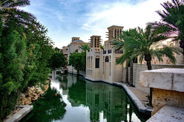 Traditional Arabian architecture and waterway view at Madinat Jumeirah in Dubai