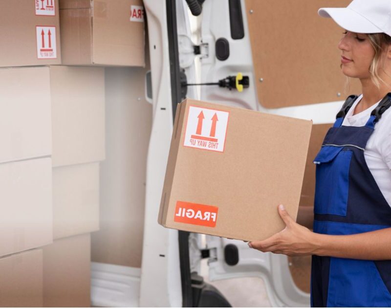 Female mover holding a fragile box in front of a packed moving van in Dubai