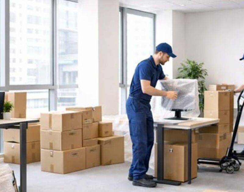 Movers wrapping computer monitors and packing boxes during office relocation in Business Bay Dubai