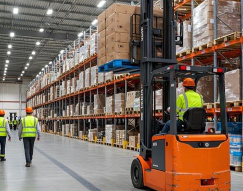 Forklift operator organizing cargo pallets on high-bay shelving inside a modern storage warehouse in Dubai